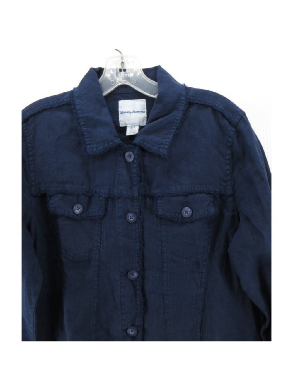Tommy Bahama Top Small Navy Linen Trucker Shirt Button Up Pockets - Picture 2 of 11